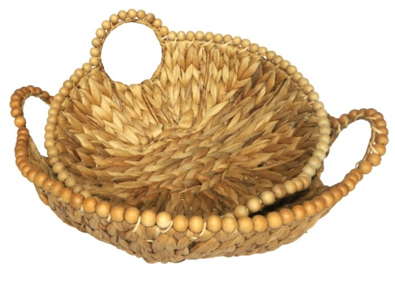 Exquisite Water Hyacinth Bowls with Wooden Beads - Handwoven Eco-Friendly Decorative Basket Set
